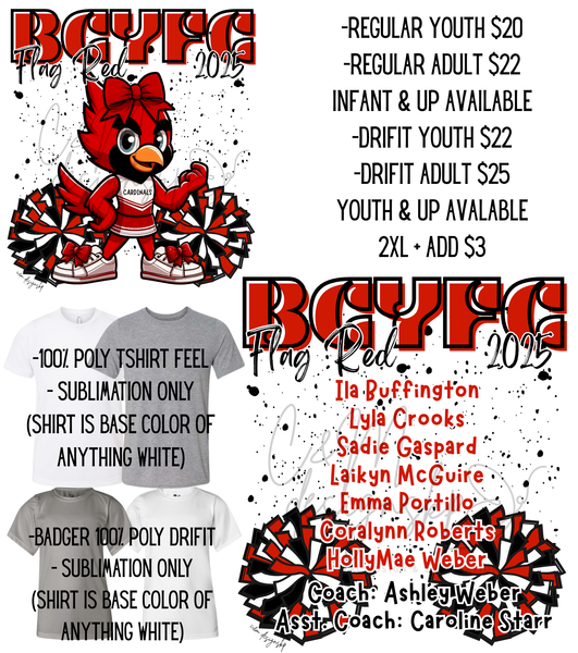 BCYFC 2025 Roster Shirts - Cheer Flag Red