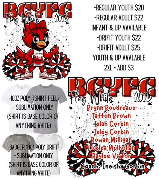 BCYFC 2025 Roster Shirts - Cheer Flag White